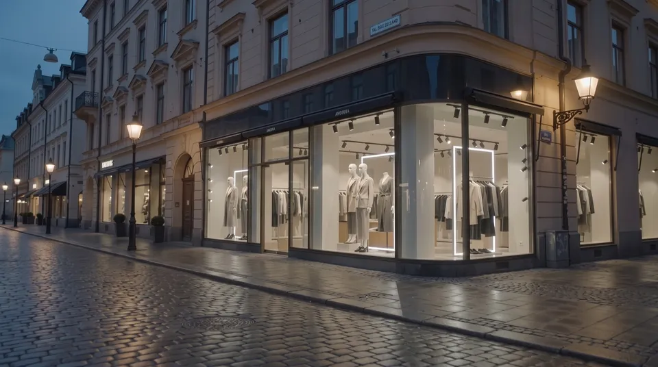 Butik med varm fasad- och skyltfönsterbelysning i skymningen