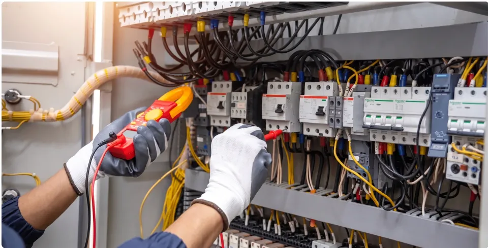 Elektriker som felsöker en elcentral