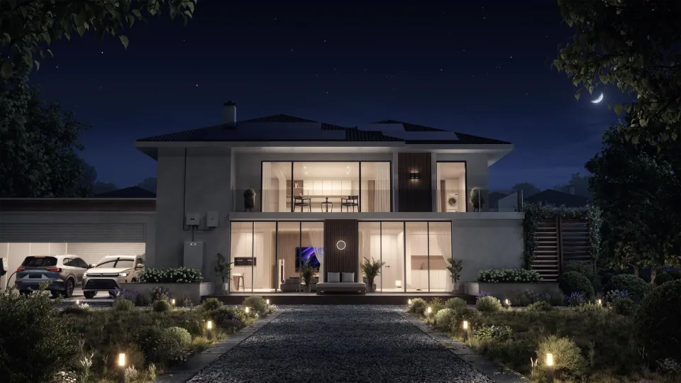 Modern villa med solceller och energisystem i kvällsljus