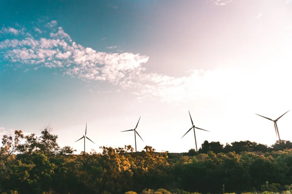 Vindkraftverk i ett grönt landskap under en klar himmel
