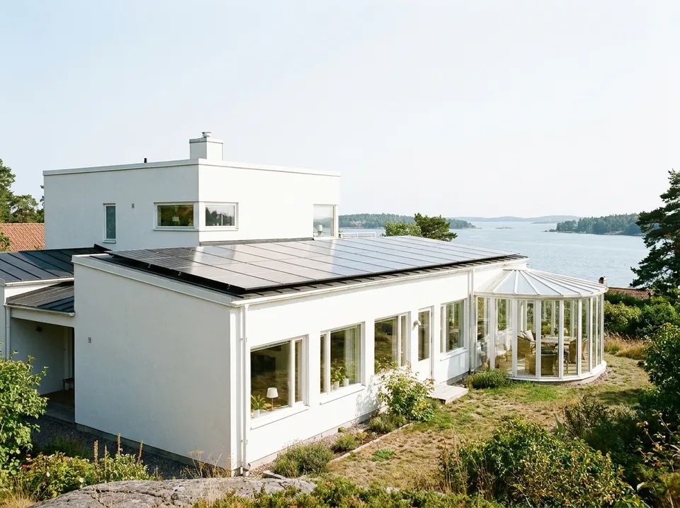Vit funkisvilla med solceller på taket vid vattnet