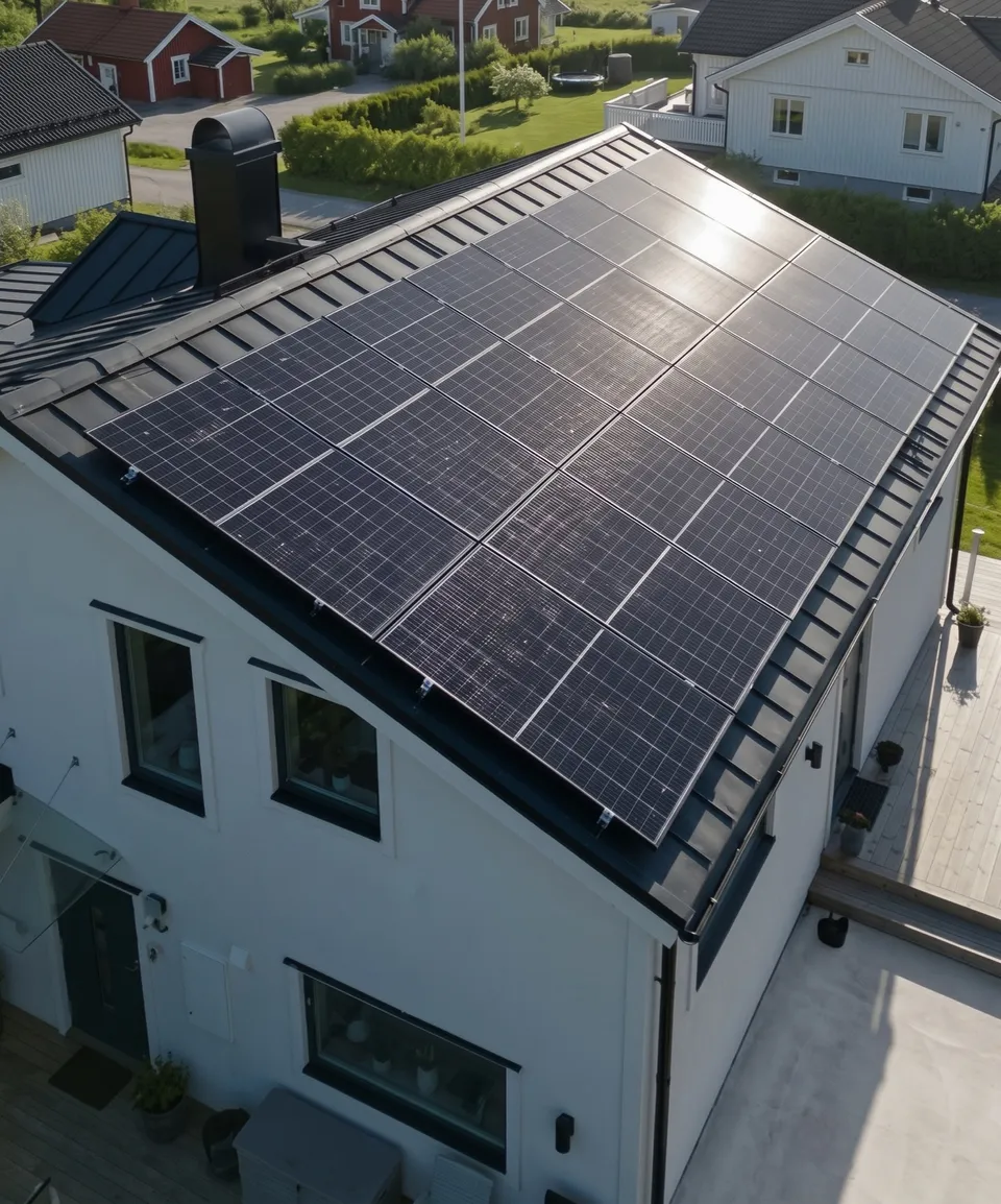 Villa med solpaneler sedd ovanifrån