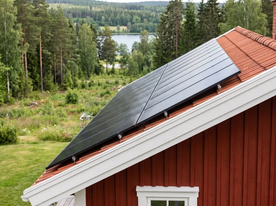 Rött trähus med solceller på taket