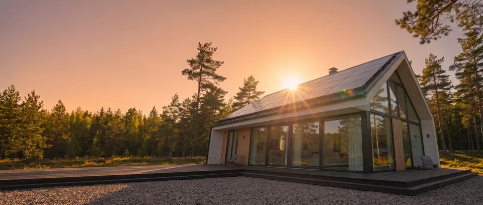 Modern villa med solceller i skogsmiljö vid solnedgång