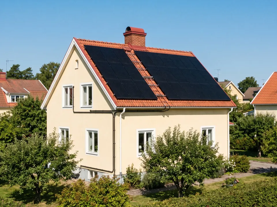 Solceller installerade på tegeltak på en villa